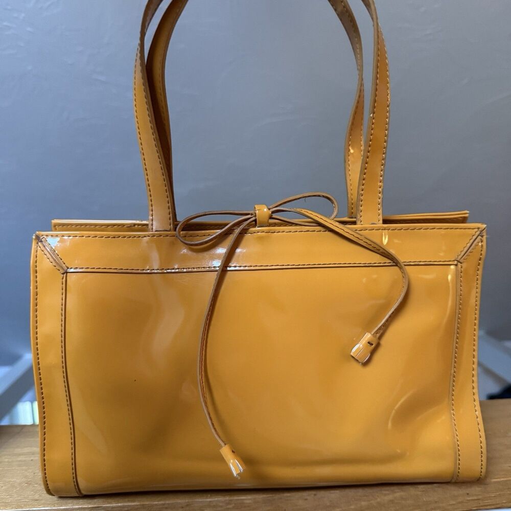 Vintage Liz Claiborne Mustard Yellow Patent Handbag Y2K Shoulder Tote Bag Bow